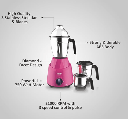 Preethi Galaxy MG225 Mixer Grinder, 750 watt, Pink, 3 Jars, Vega W5 Motor with 5yr Warranty & Lifelong Free Service |Plastic - Image 2